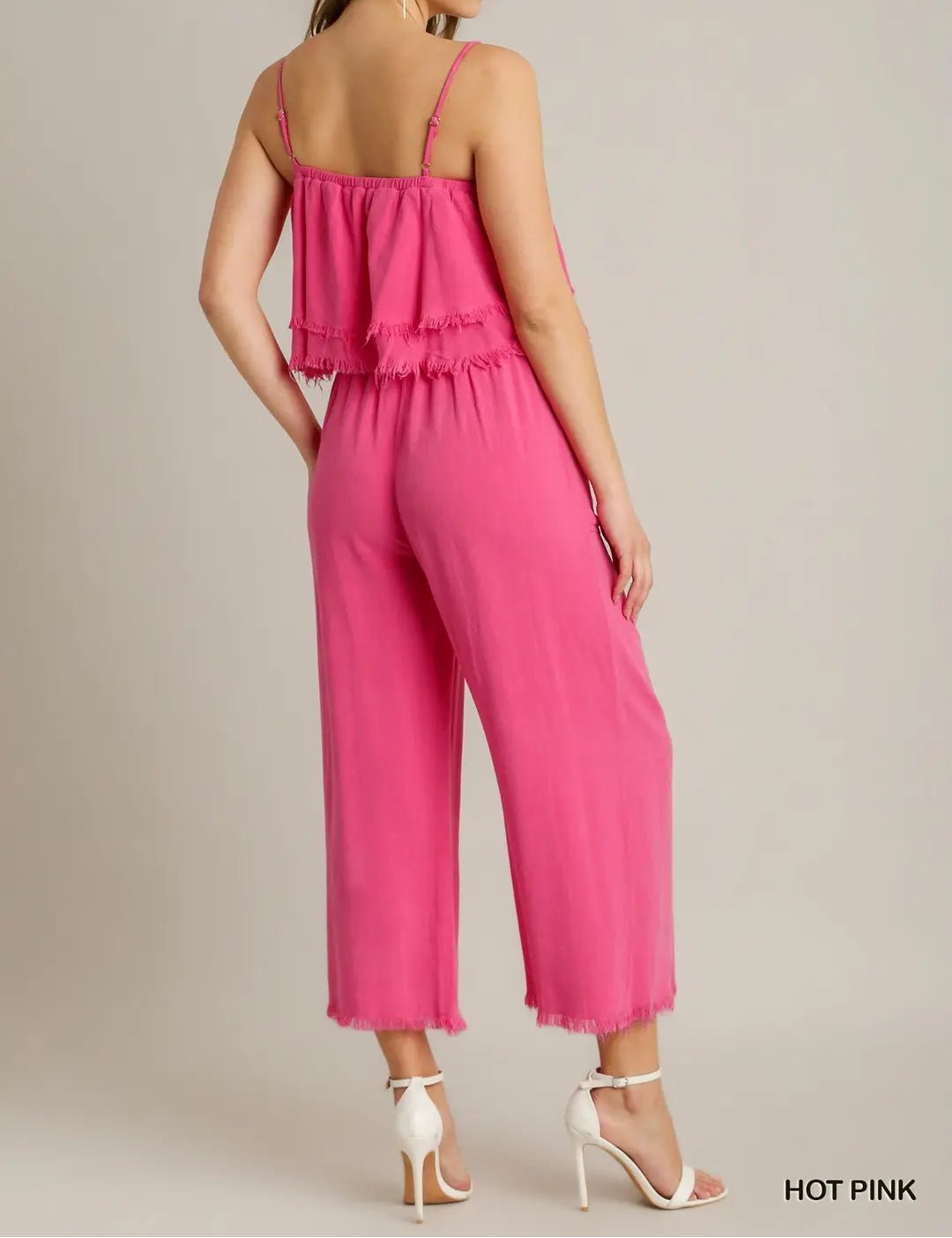 Spaghetti Strap Tiered Ruffle Unfinished Hem Jumpsuit (NP) - Hot Pink! - Nikki and Co Boutique
