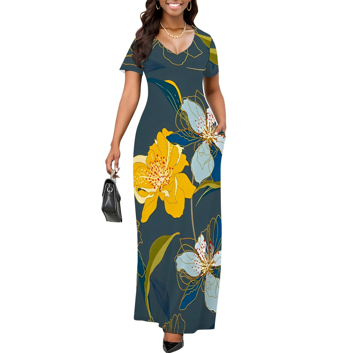 Women's Multicolor Floral Print Maxi Dress Short Sleeve V Neck Long Dress Casual Summer Beach Holiday Wear