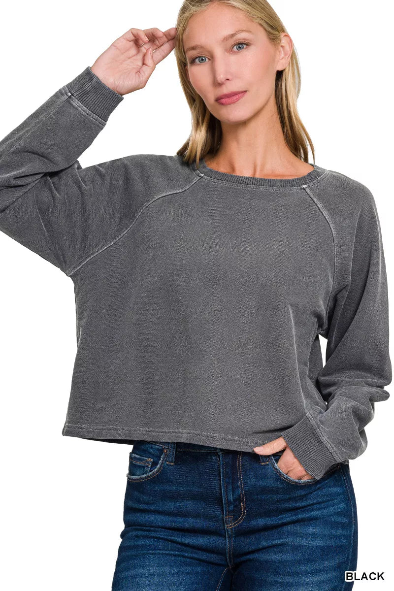 Zenana Washed French Terry Round Neck Pullover &amp; Pants Set - Nikki &amp; Co. Boutique