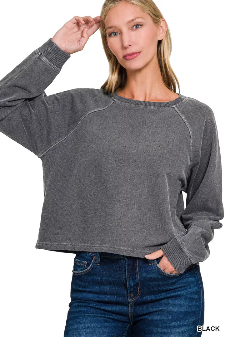 Zenana Washed French Terry Round Neck Pullover &amp; Pants Set - Nikki &amp; Co. Boutique