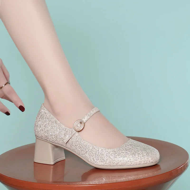 5cm Breathable Comfortable Shallow Glod Bling Wedding Shoes Women Pumps Trend Spring Med Block Heels Shoes for Office Model