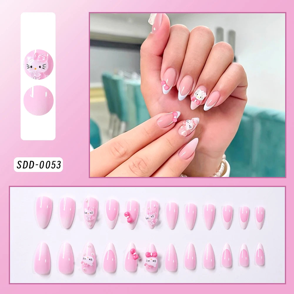 24 pcs Short, Square, Pink Kitty Cat Press on Fake Nails - Cute Cartoon Hello Kitty Nail Tips with Camellia Pearl Handmade Nail Patch