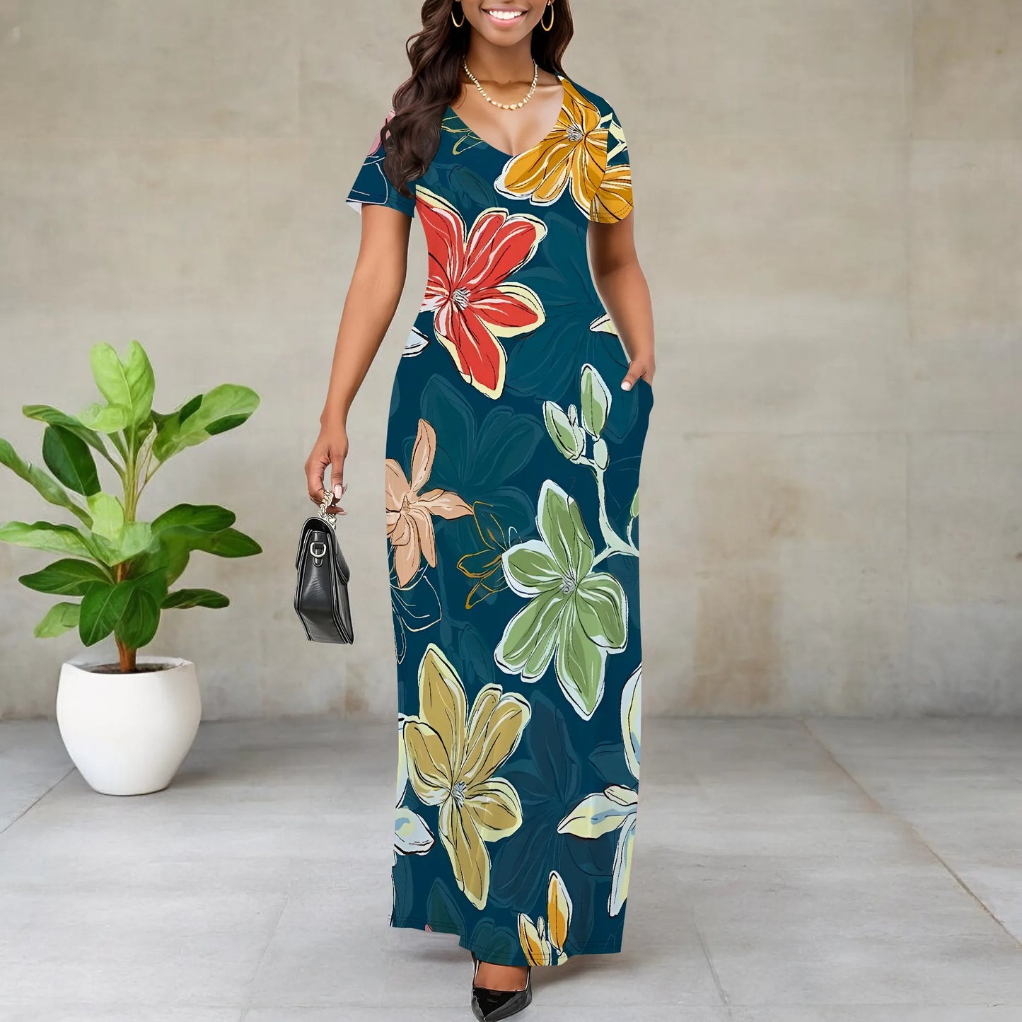 Women's Multicolor Floral Print Maxi Dress Short Sleeve V Neck Long Dress Casual Summer Beach Holiday Wear