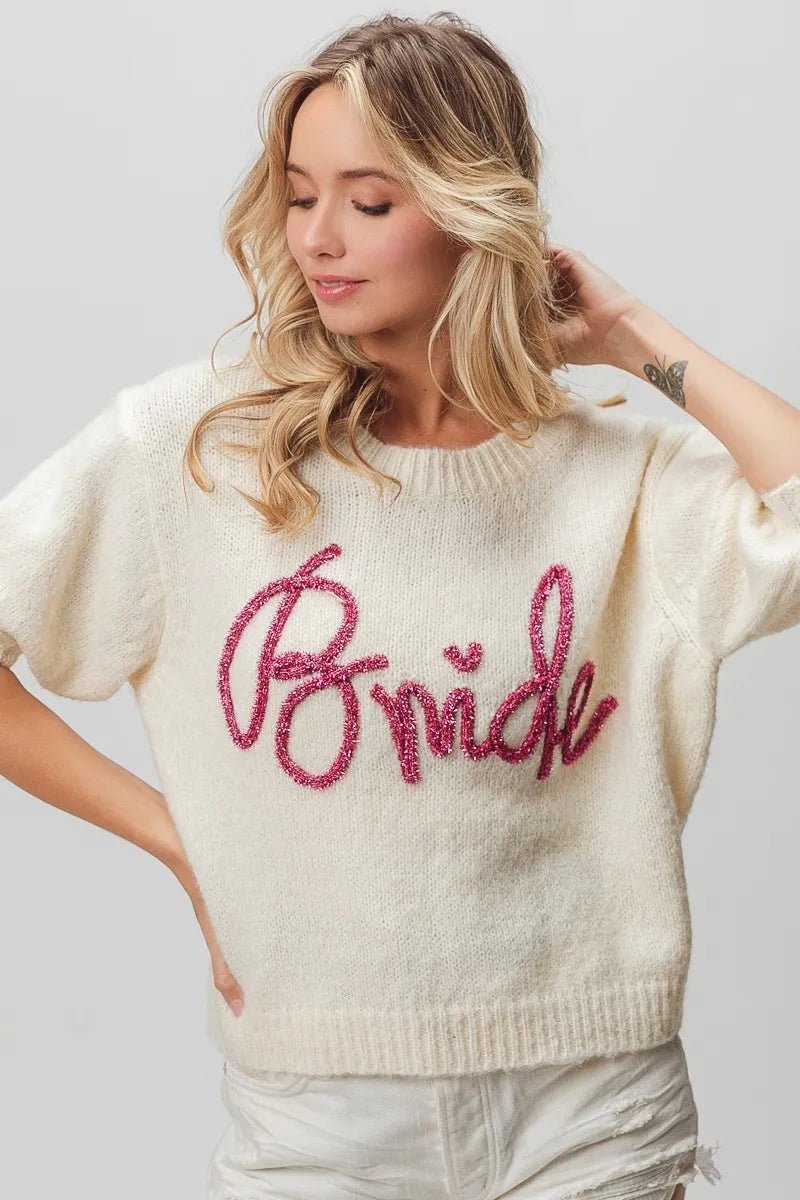 BiBi Metallic Letter Shorts Puff Sleeve Hairy Sweater | Nikki &amp; Co. Boutique