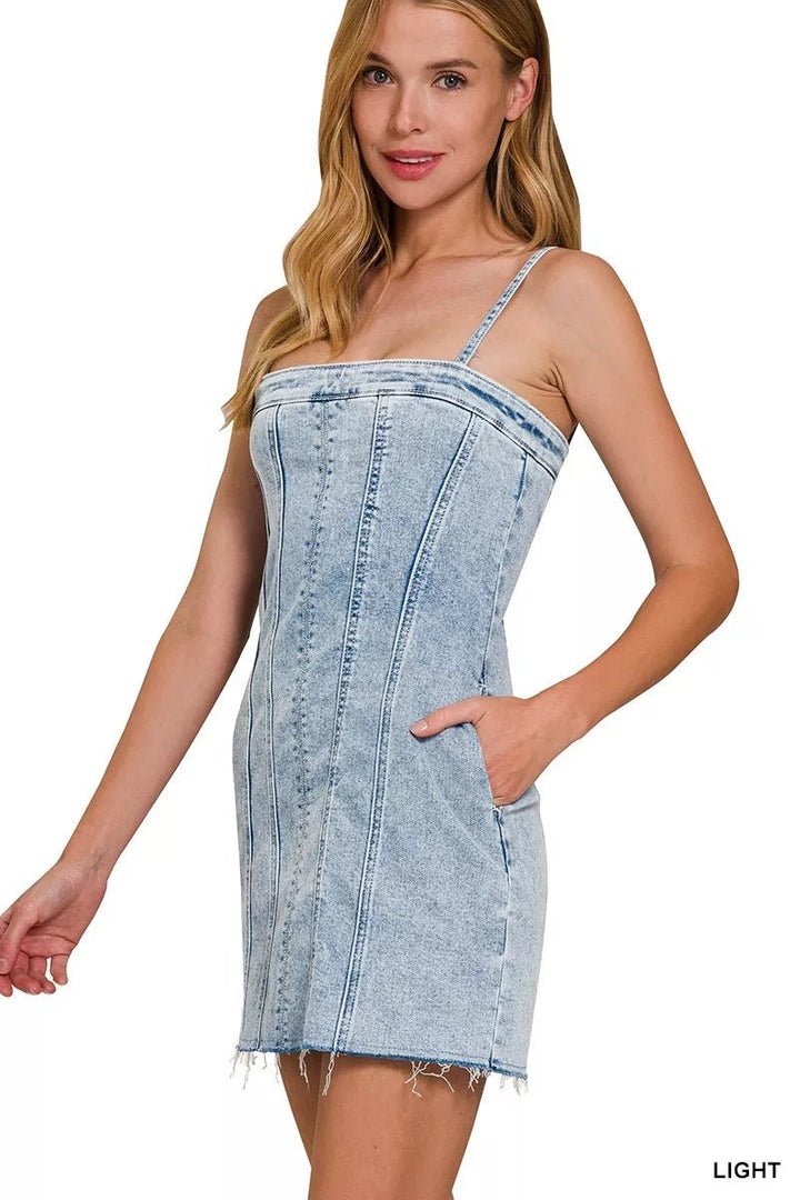 Zenana Spaghetti Strap Exposed Seam Light-Wash Dress | Nikki &amp; Co. Boutique