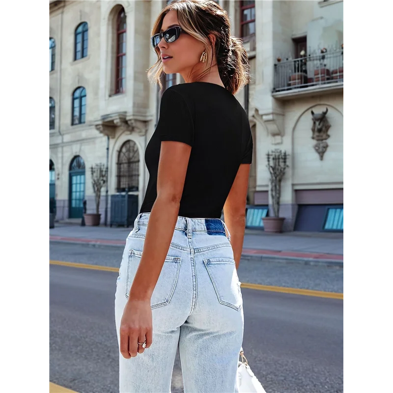 ASDS-Women Short Sleeve Lace V Neck Shirts Ribbed Knit Fitted Business Dressy Casual Summer Blouses T-Shirt