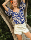 Two Toned Floral Print Boxy Cut Front Knot Top (NP) - Navy Mix - Nikki and Co Boutique