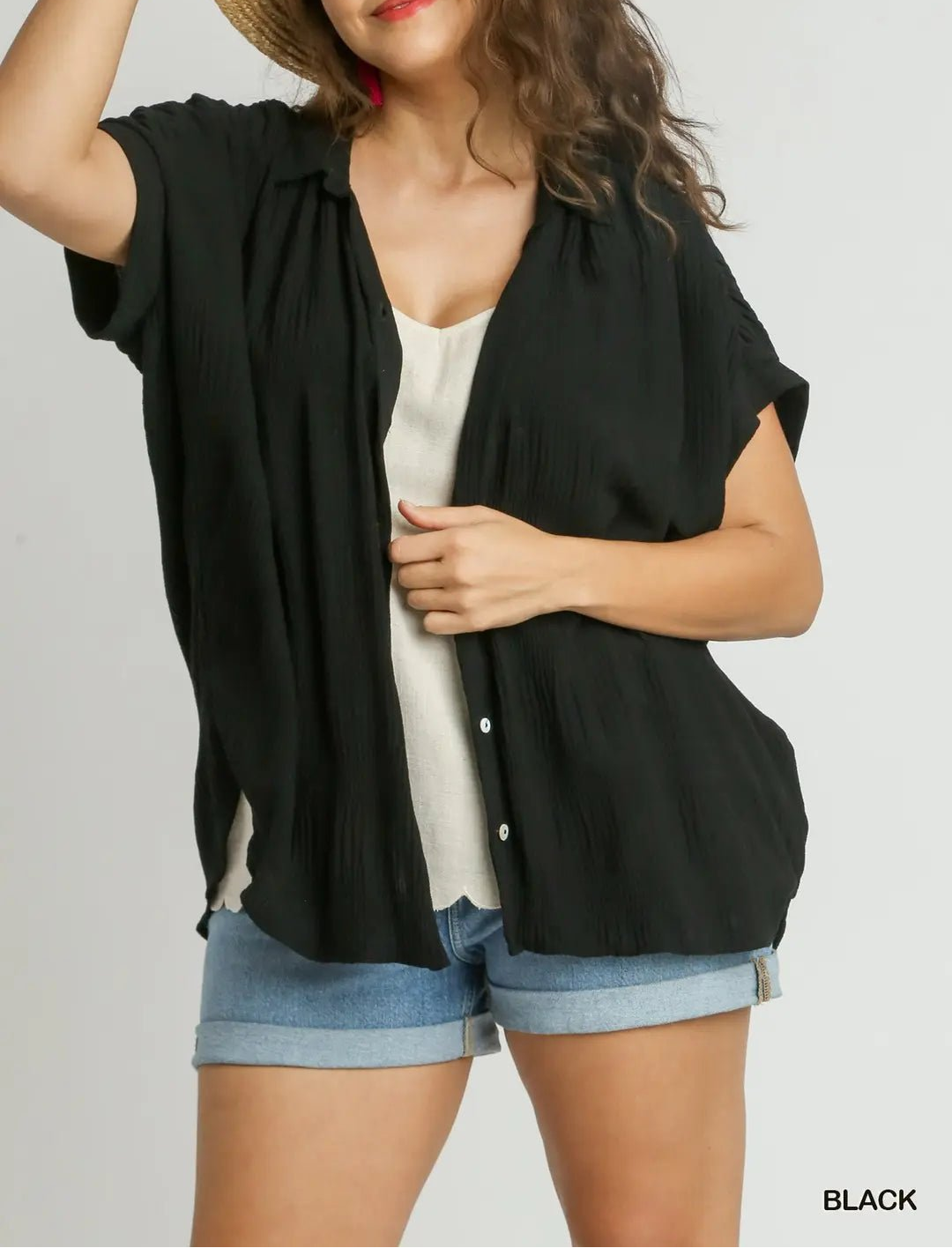Smocked Fabric, Collared Button-Down Shirt (NP) - Plus, Black | Nikki &amp; Co. Boutique