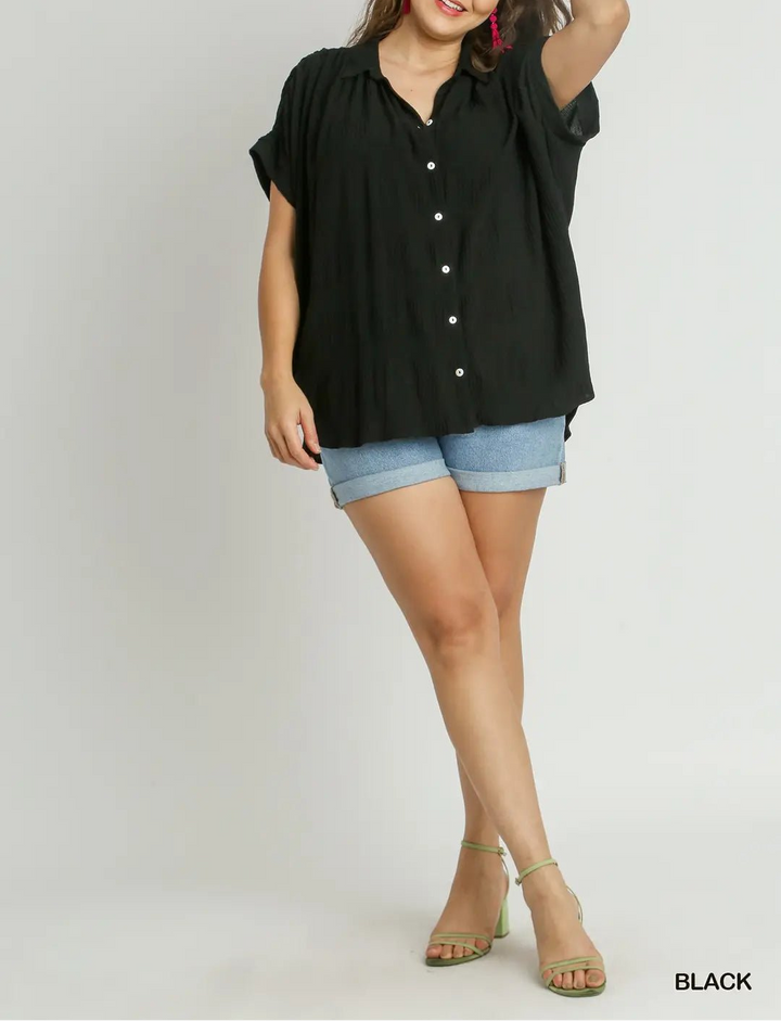 Smocked Fabric, Collared Button-Down Shirt (NP) - Plus, Black | Nikki &amp; Co. Boutique
