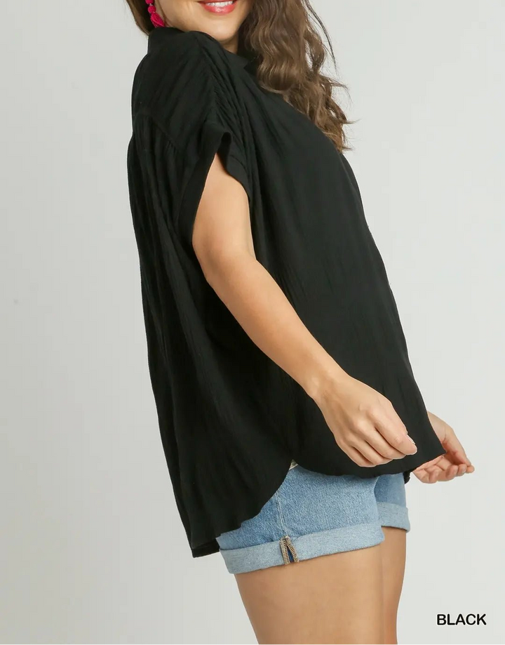 Smocked Fabric, Collared Button-Down Shirt (NP) - Plus, Black | Nikki &amp; Co. Boutique
