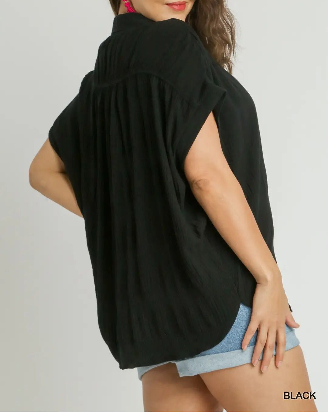 Smocked Fabric, Collared Button - Down Shirt (NP) - Plus, Black - Nikki and Co Boutique