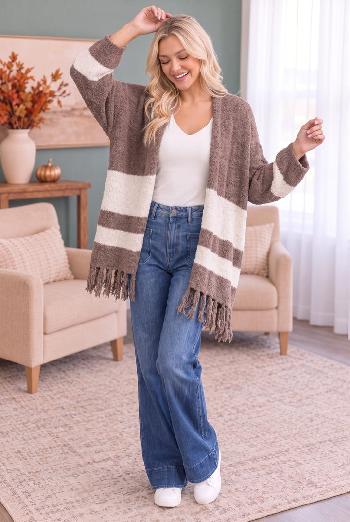 Borrow my Sweater Fringe Cardigan in Mocha - Nikki &amp; Co. Boutique