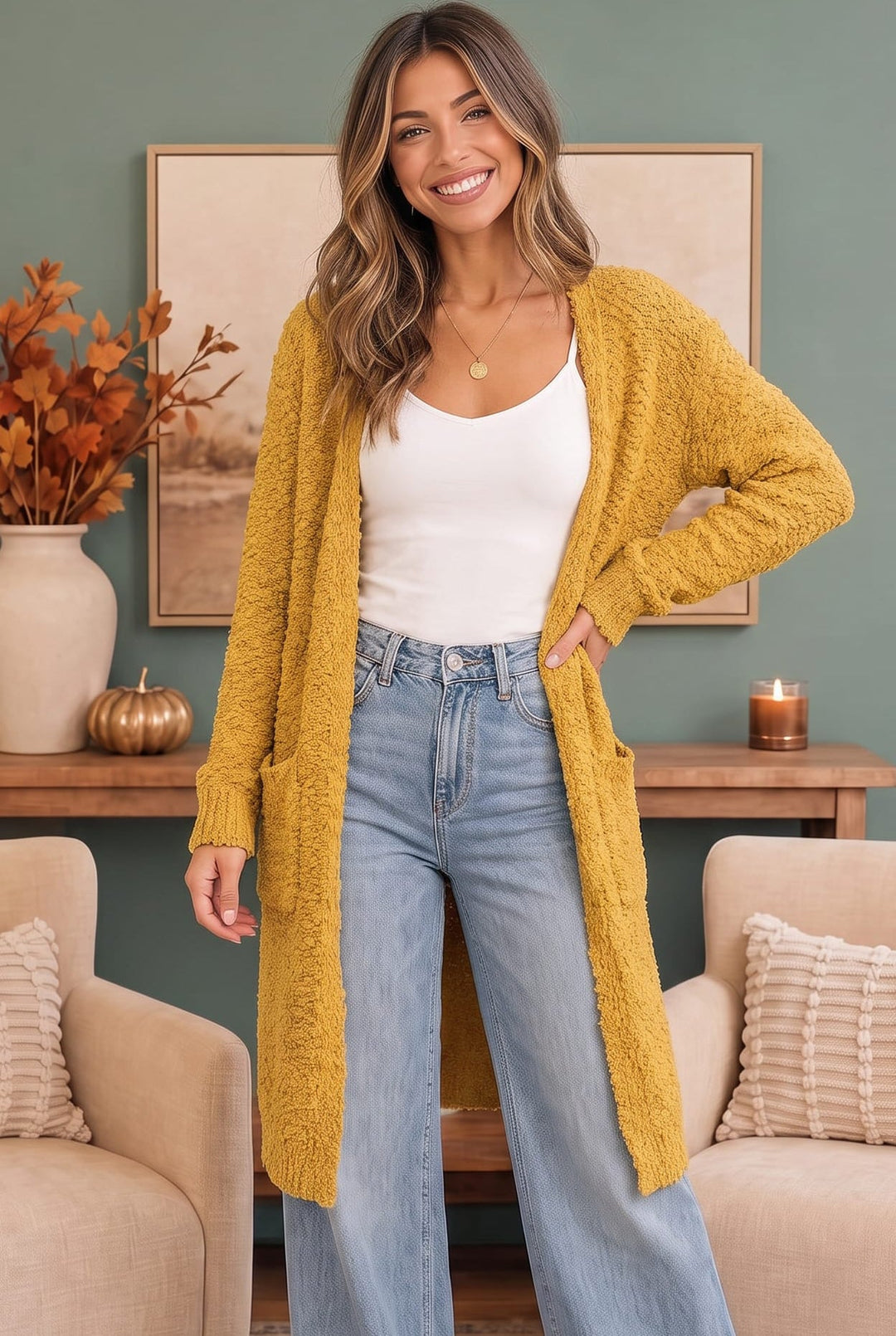 Falling For You Mustard Popcorn Knit Longline Cardigan - Nikki &amp; Co. Boutique
