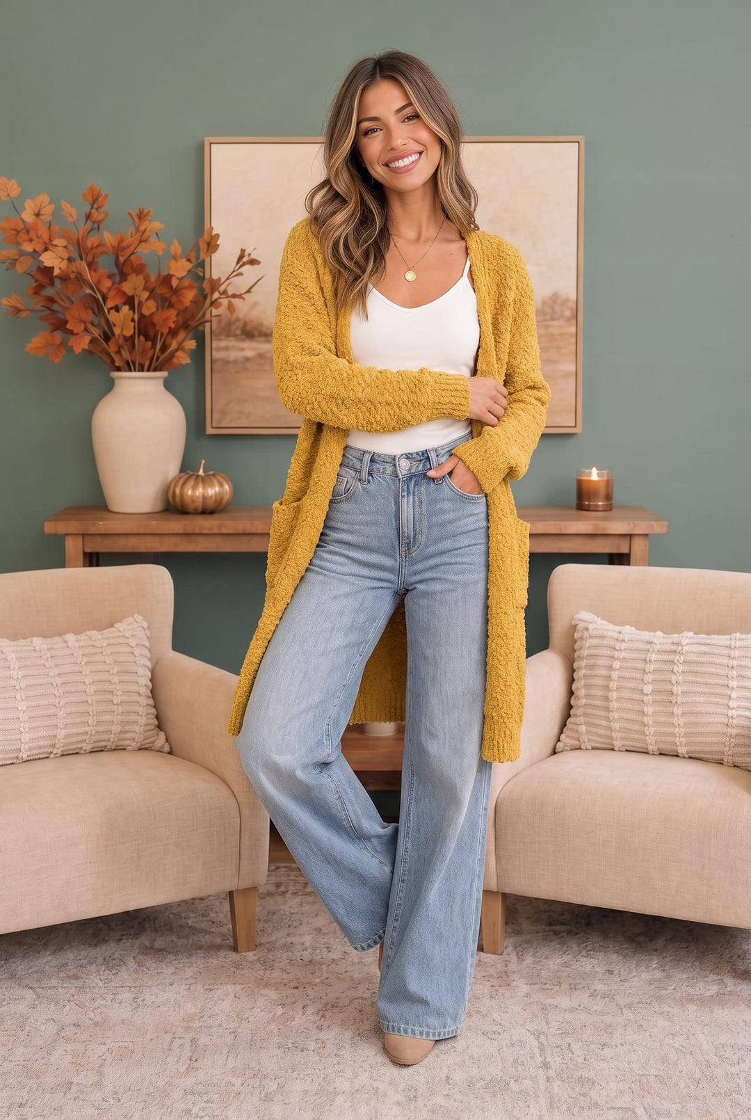 Falling For You Mustard Popcorn Knit Longline Cardigan - Nikki &amp; Co. Boutique
