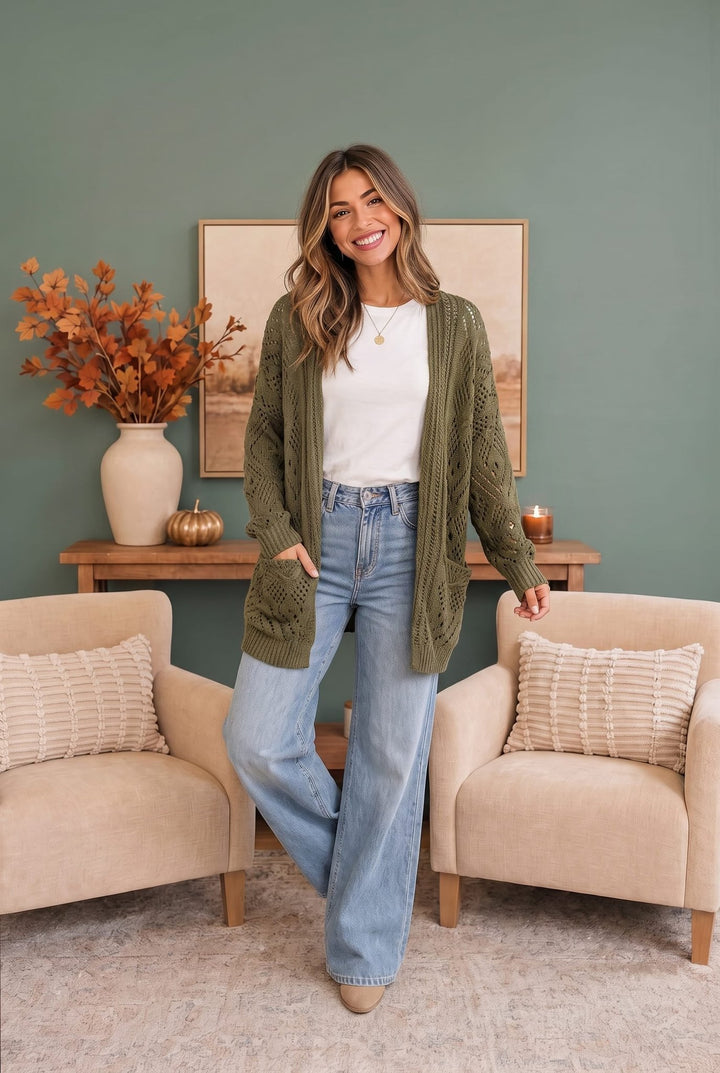 Cozy Days Open Knit Cardigan in Olive - Nikki &amp; Co. Boutique