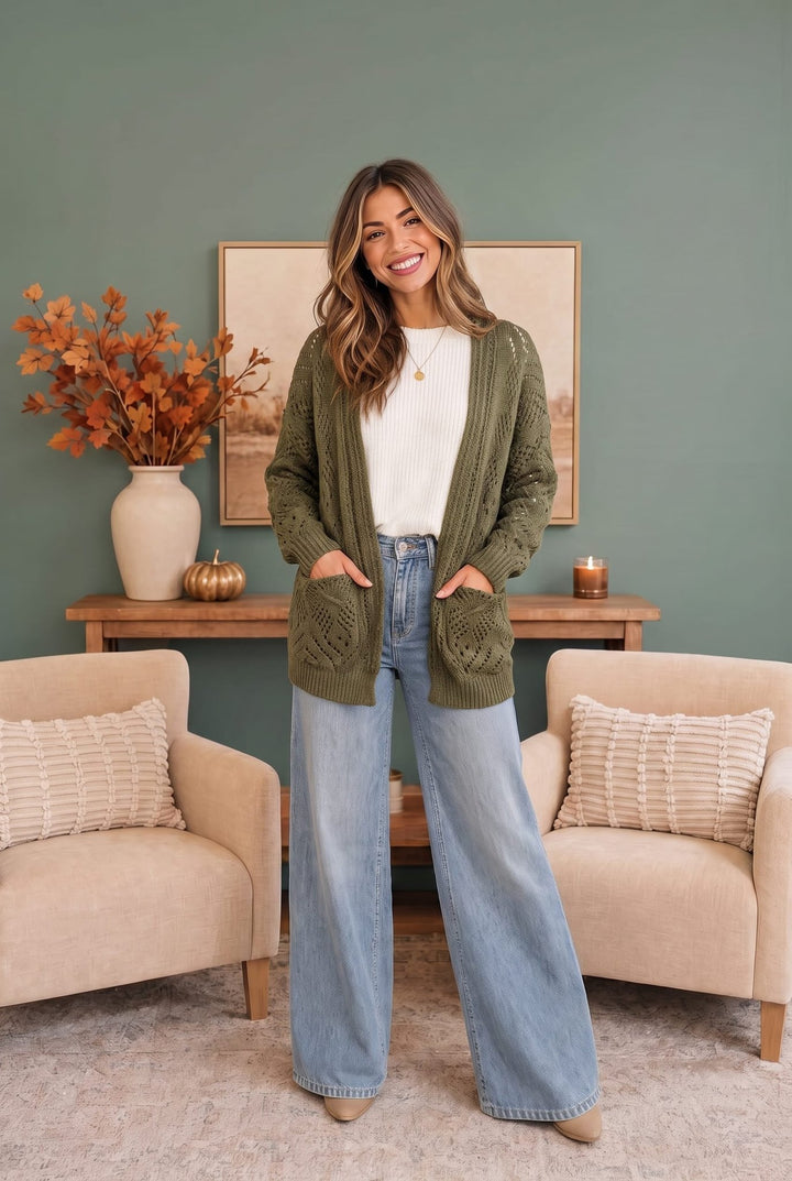 Cozy Days Open Knit Cardigan in Olive - Nikki &amp; Co. Boutique