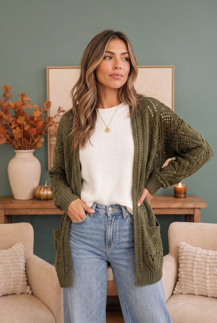Cozy Days Open Knit Cardigan in Olive - Nikki &amp; Co. Boutique