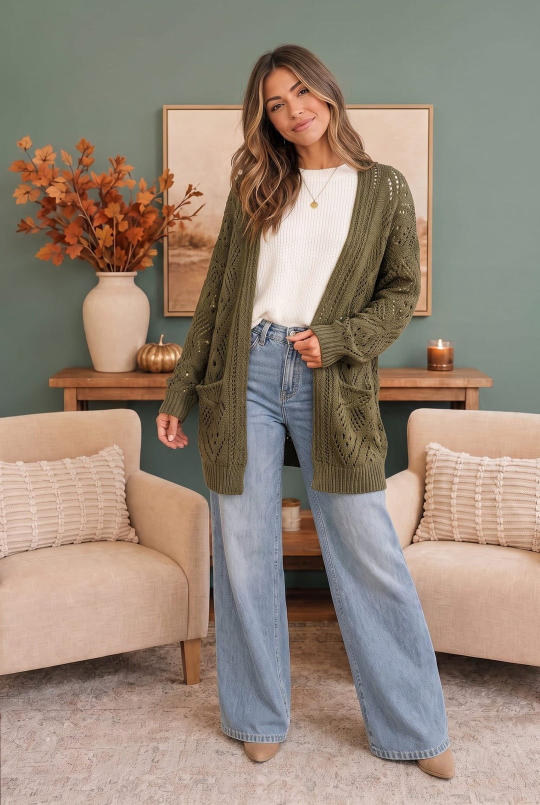 Cozy Days Open Knit Cardigan in Olive - Nikki &amp; Co. Boutique