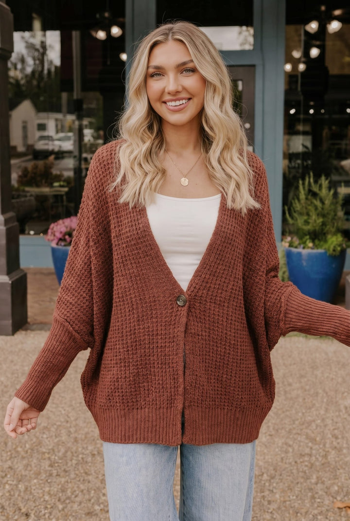 Cozy Button Front Waffle Knit Cardigan in Rust - Nikki &amp; Co. Boutique