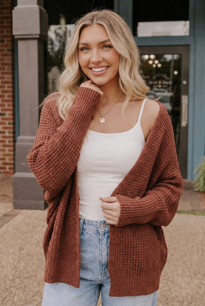 Cozy Button Front Waffle Knit Cardigan in Rust - Nikki &amp; Co. Boutique