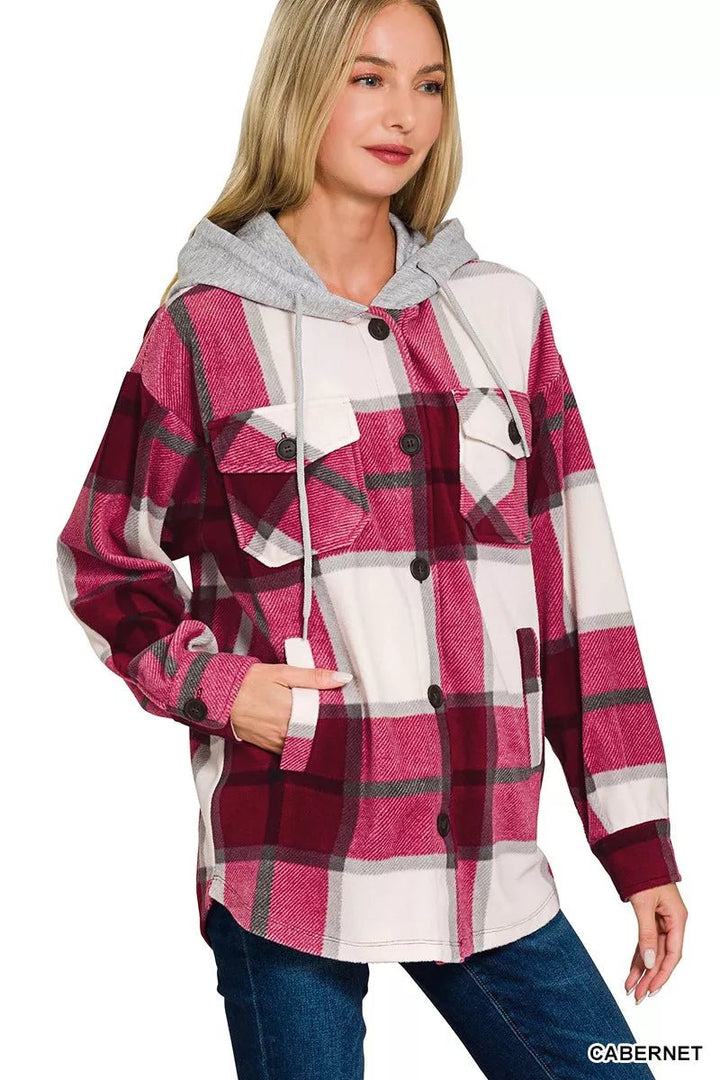 Zenana Plaid Hooded Fleece Shacket | Cabernet - Nikki &amp; Co. Boutique