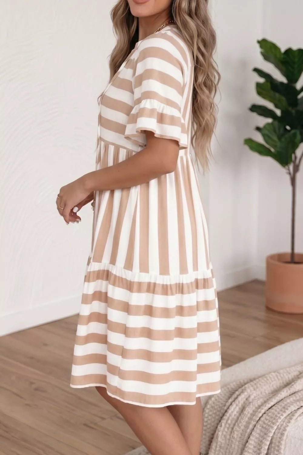 Stripe Tie V - Neck Ruffle Trim Short Sleeve Flared Summer Dress - Nikki &amp; Co. Boutique