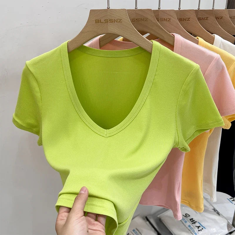 Female Y2K Tops Clothes Summer Sexy Basic Crop Top Women Ribbed Short Sleeve T-shirts Casual V-Neck Solid Slim Fit Tee