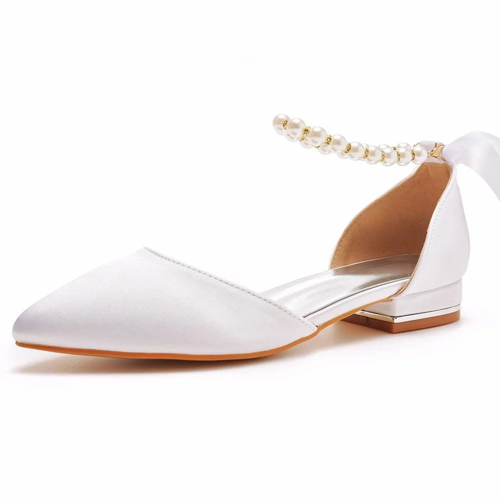 Wedding Shoes Bride Flat Heel Pointed Hollow Sandals Women White Satin Beaded Bride's Wedding Dress Shoes Sandalias