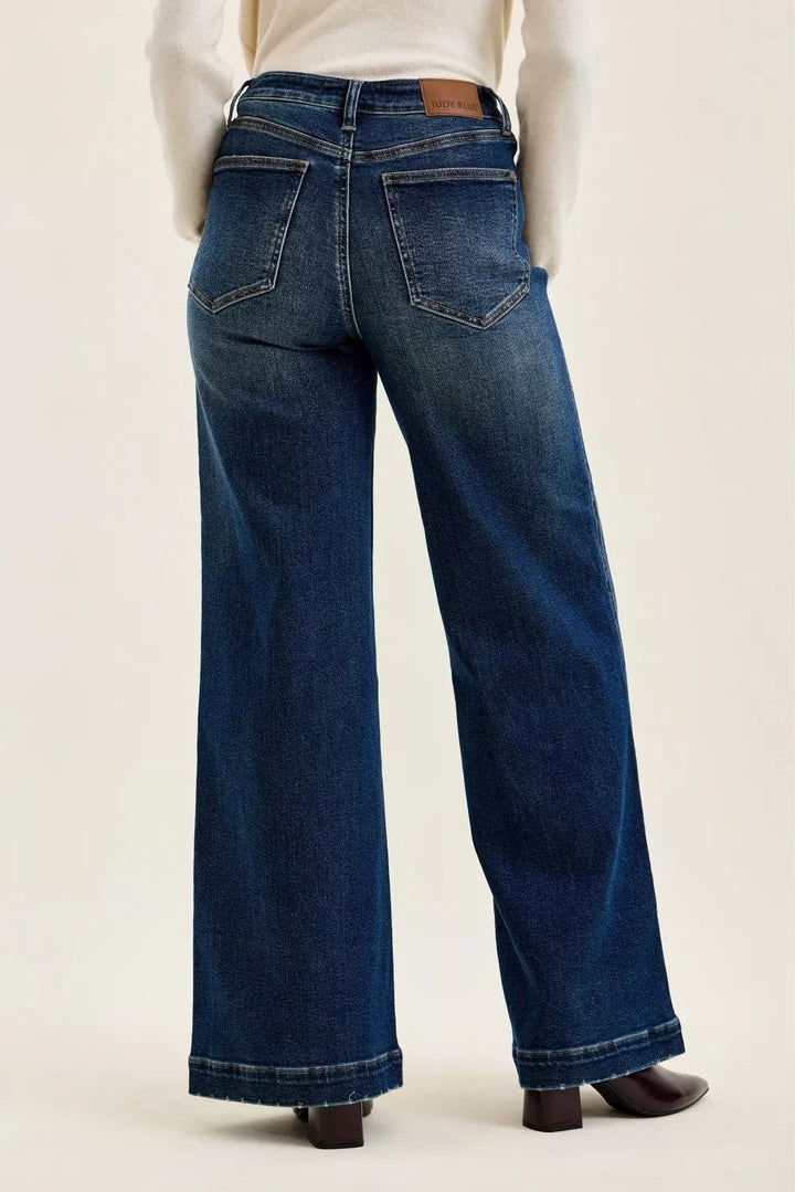 Judy Blue High Waist Lux Retro Wide Leg Jeans – Dark Fade Indigo - Nikki &amp; Co. Boutique