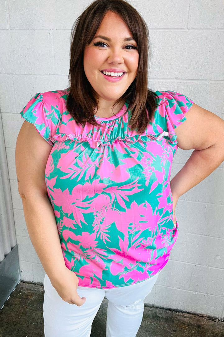 Pink &amp; Green Floral Print Frilled Shorts Sleeve Yoke Tops | Nikki &amp; Co. Boutique