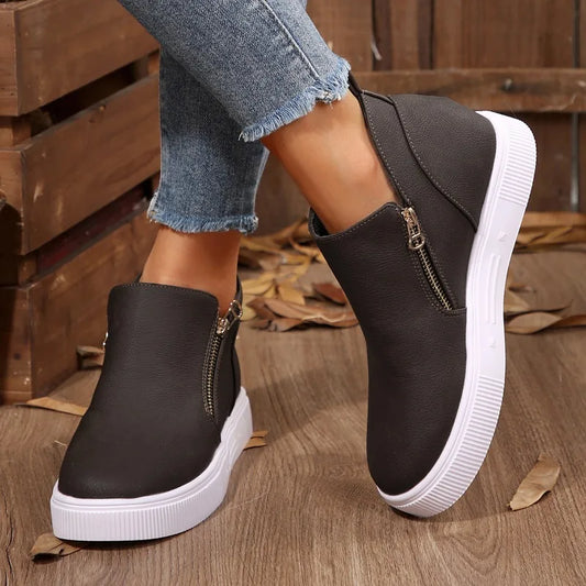 Inside Heightened Single Shoes Autumn New Round Toe Side Zipper Platform Non-Slip Wear-Resistant Flats