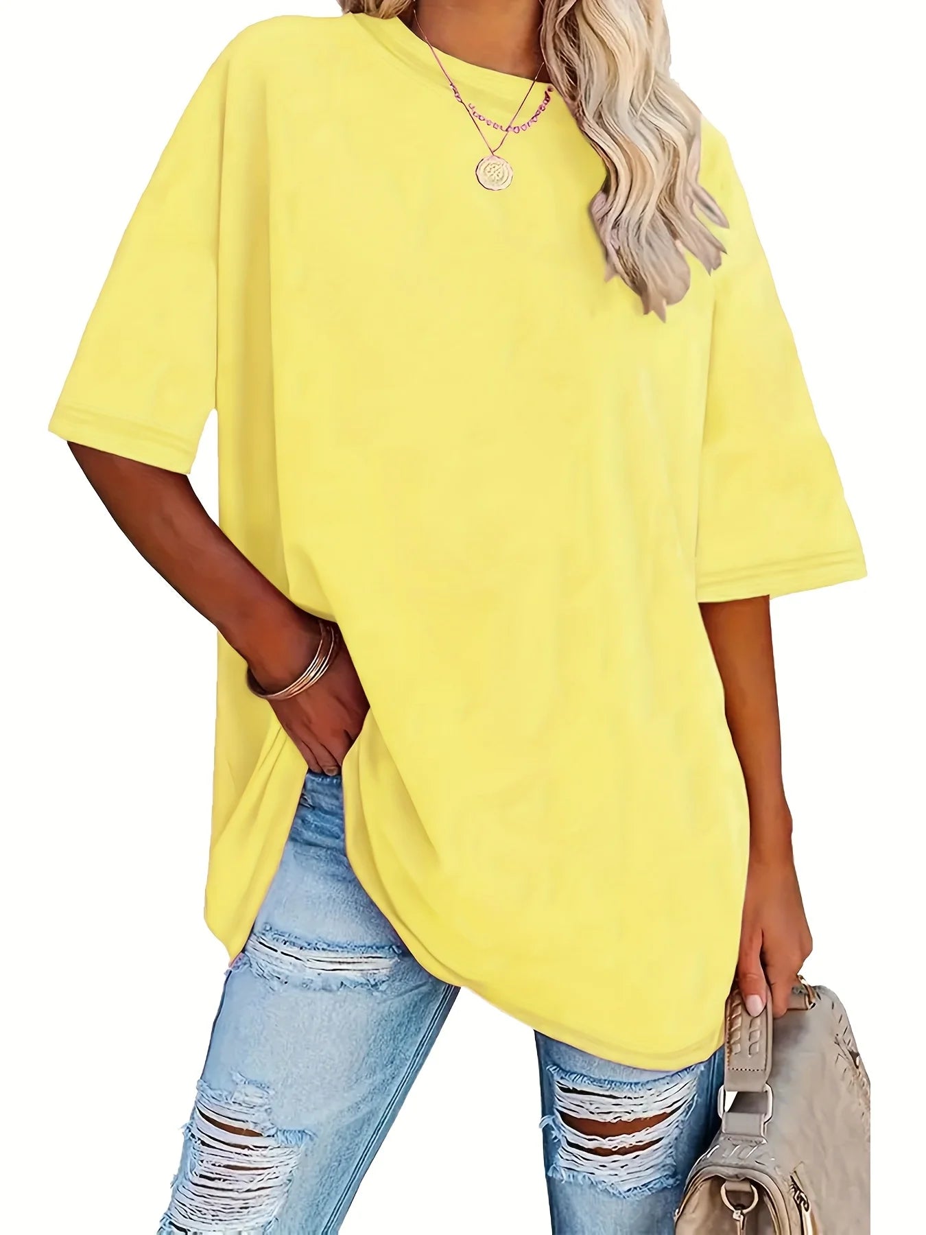 Women's Plus Size Crew Neck Solid T-Shirt Summer Female Basic Soft Tees Women Casual Round Neck Short Sleeved Tops