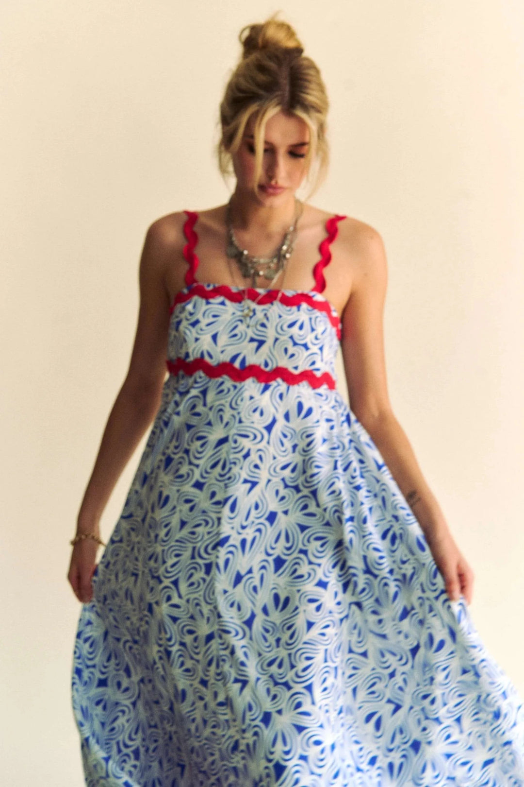 Davi &amp; Dani Contrast Velvet Tape Smocked Bodice Midi Dress in Cobalt Blue - Nikki &amp; Co. Boutique
