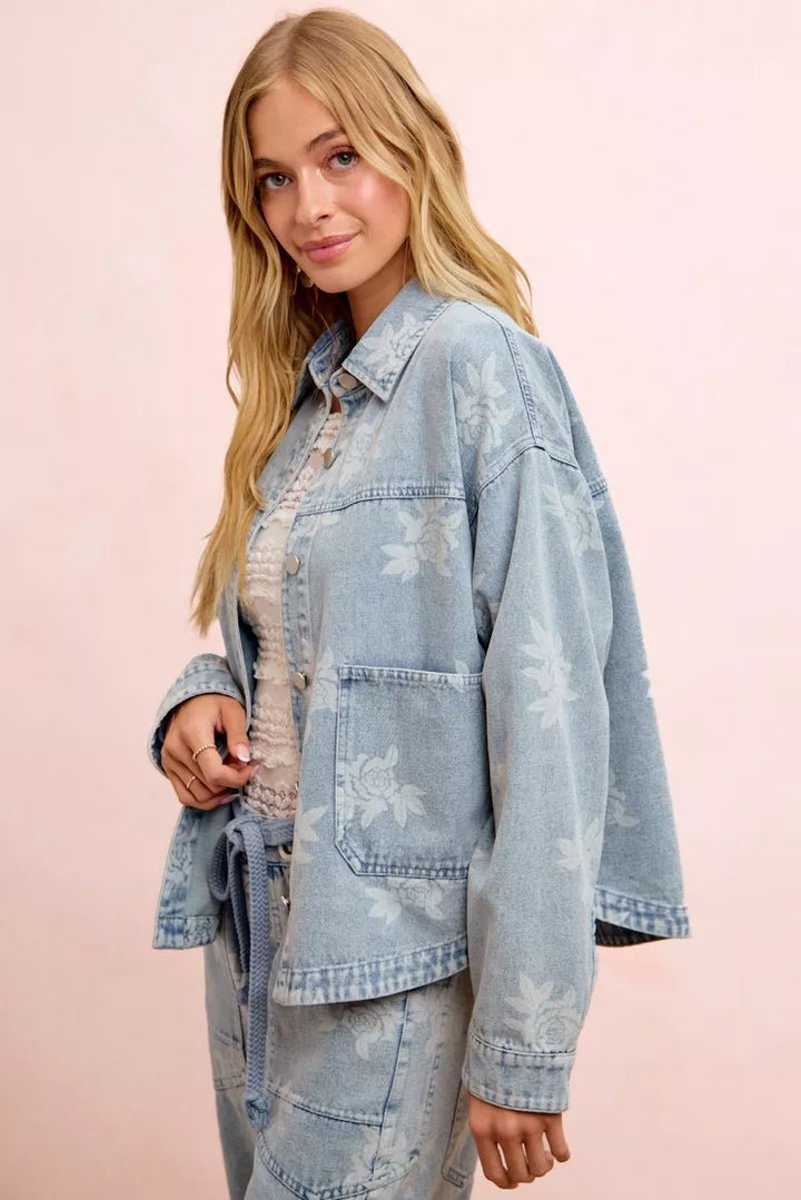 BiBi Printed Washed Denim Jacket With Pocket - Nikki &amp; Co. Boutique