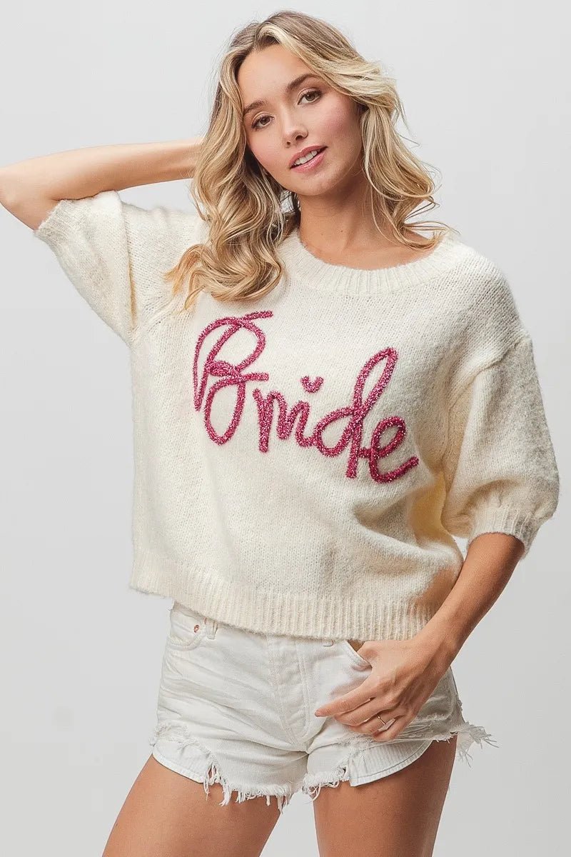 BiBi Metallic Letter Shorts Puff Sleeve Hairy Sweater | Nikki &amp; Co. Boutique
