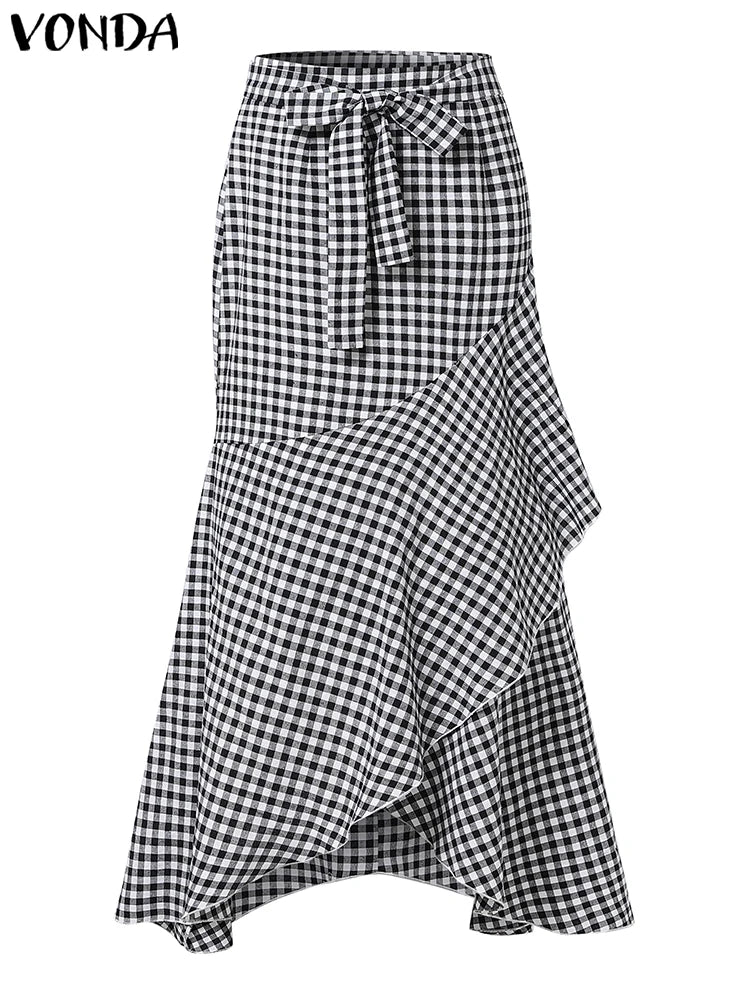 Plus Size 5XL VONDA Women Skirts Casual Waistband Split Asymmetric Skirts Elegant Plaid Overskirts Ruffled Office Bottom