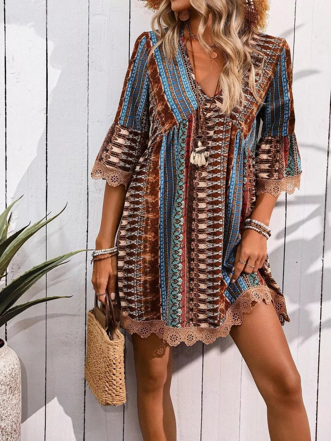 Printed V - Neck A - Line Dress - Nikki &amp; Co. Boutique