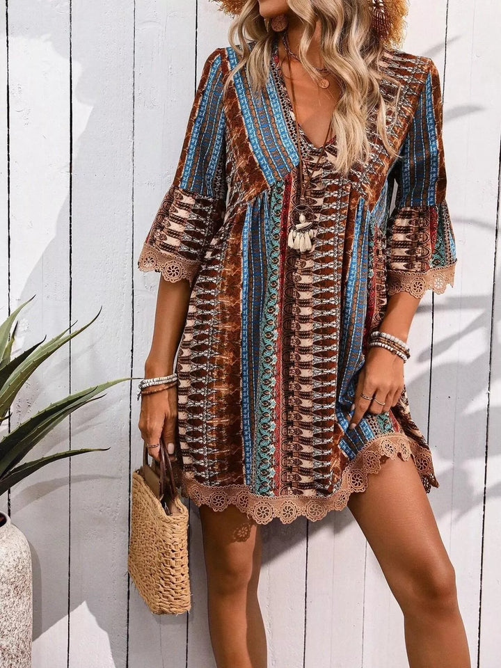 Printed V - Neck A - Line Dress - Nikki &amp; Co. Boutique