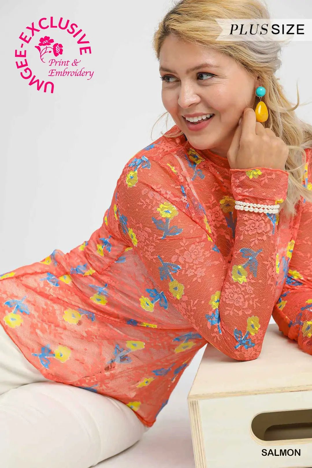 Bloom Mesh Floral Lace Tops (NP) - Plus, Salmon | Nikki & Co. Boutique
