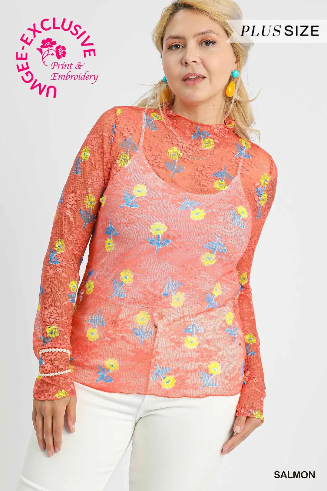Bloom Mesh Floral Lace Top (N) - Plus, Salmon - Nikki and Co Boutique
