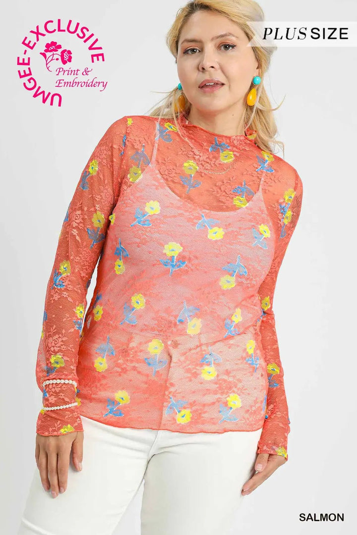 Bloom Mesh Floral Lace Tops (NP) - Plus, Salmon | Nikki &amp; Co. Boutique