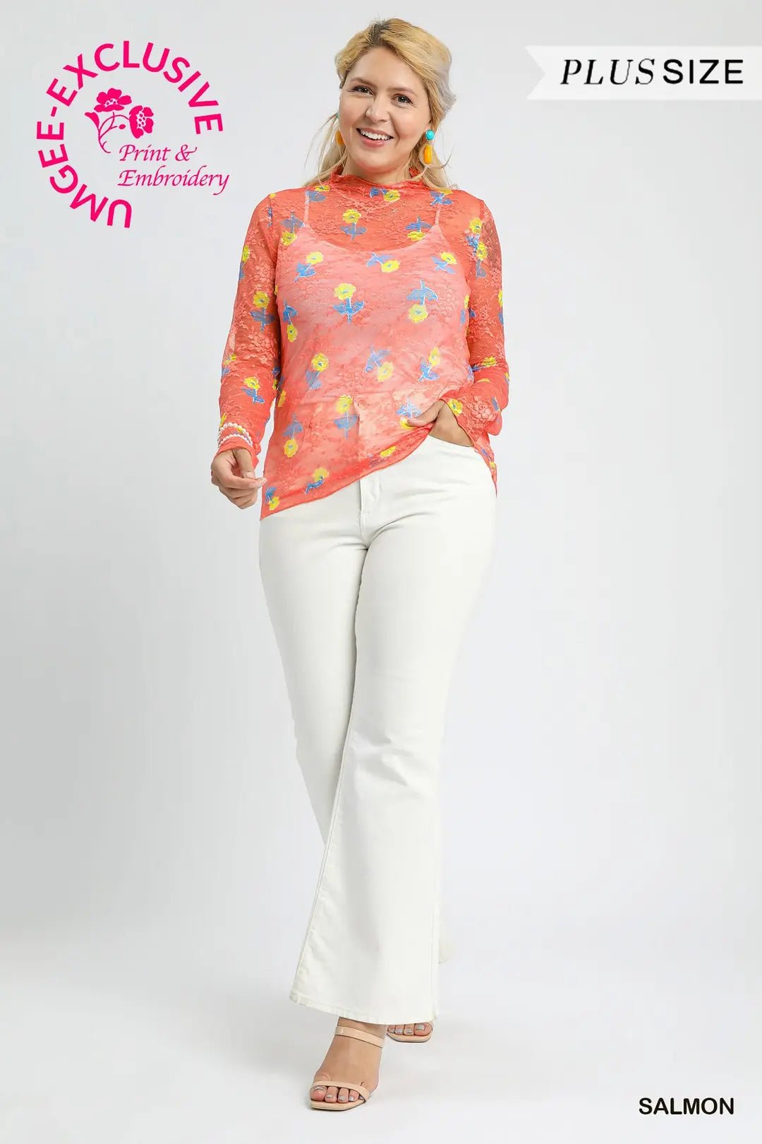 Bloom Mesh Floral Lace Top (N) - Plus, Salmon - Nikki and Co Boutique