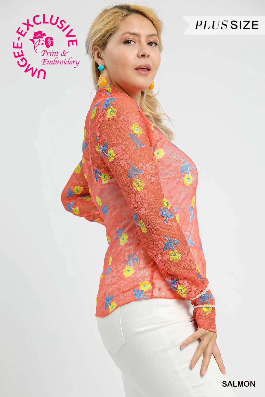 Bloom Mesh Floral Lace Top (N) - Plus, Salmon - Nikki and Co Boutique