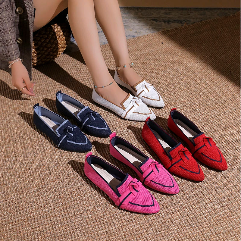 Pointed Toe Plus Size Women's Flat Single Shoes New Knit Flyweave Foot Slip Soft Sole Breathable