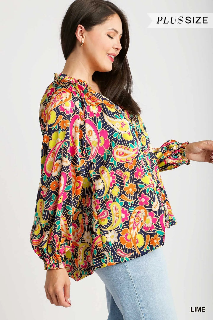 Umgee Full Size Satin Paisley Ruffle Neck Button-Up Shirt Plus Size - Nikki &amp; Co. Boutique