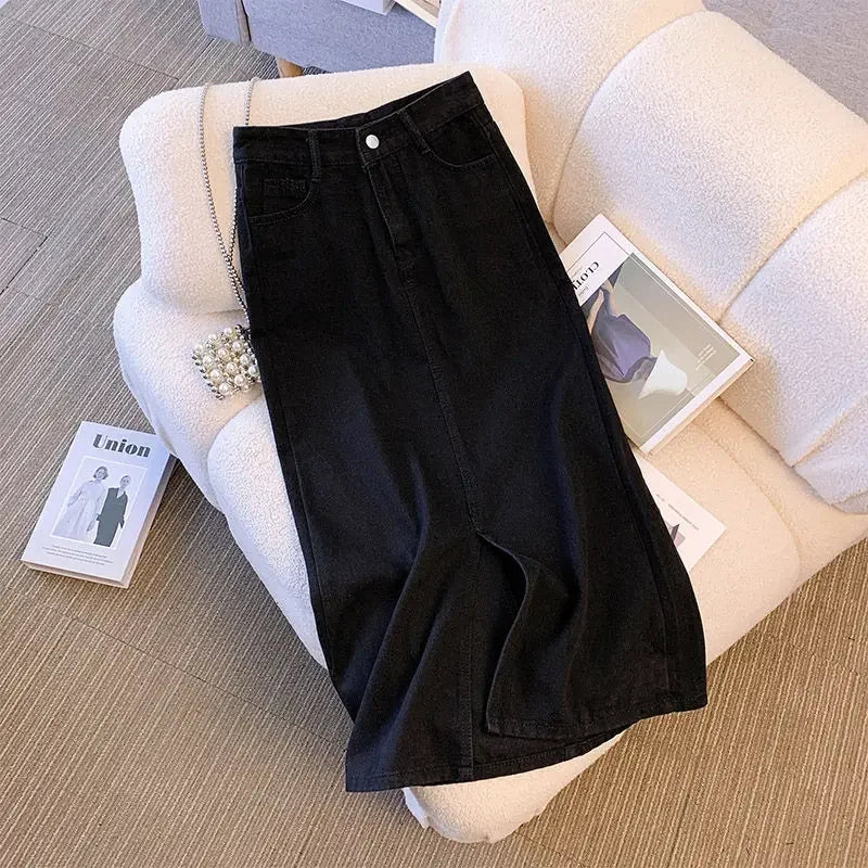 Wrap Women's Denim Skirt Blue Tight Female Jeans Skirts with Slit Luxury Elegant Stylish Premium Summer Modest Vintage Chic