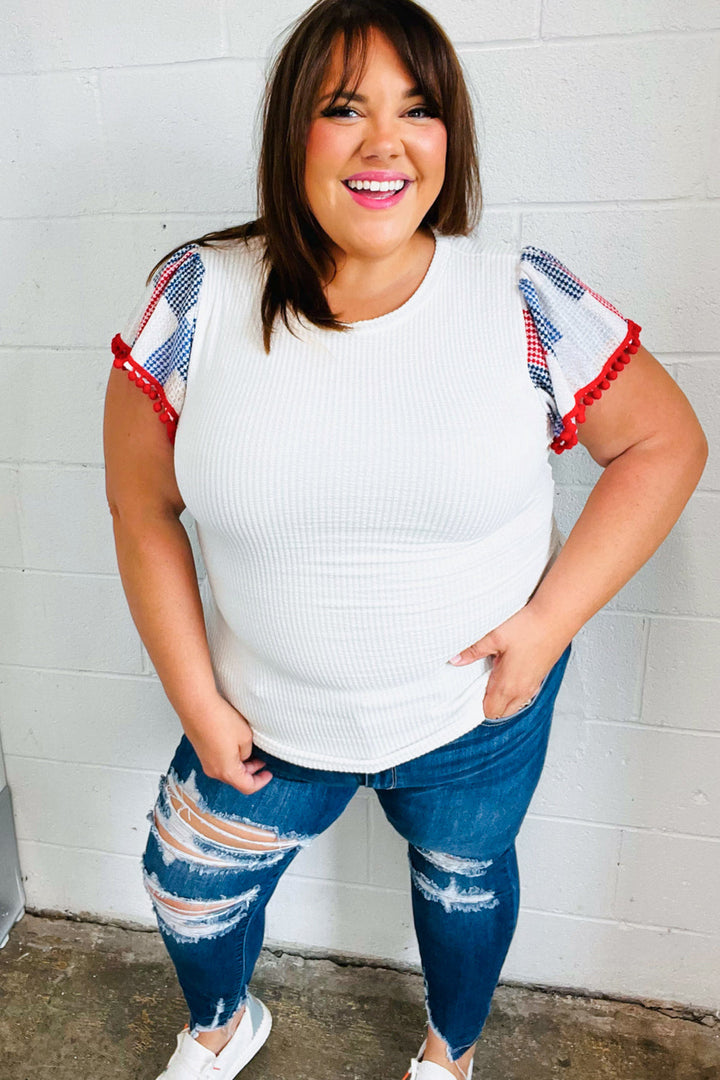 Patriotic Pom Pom Lace Flutter Sleeve Tops | Nikki &amp; Co. Boutique