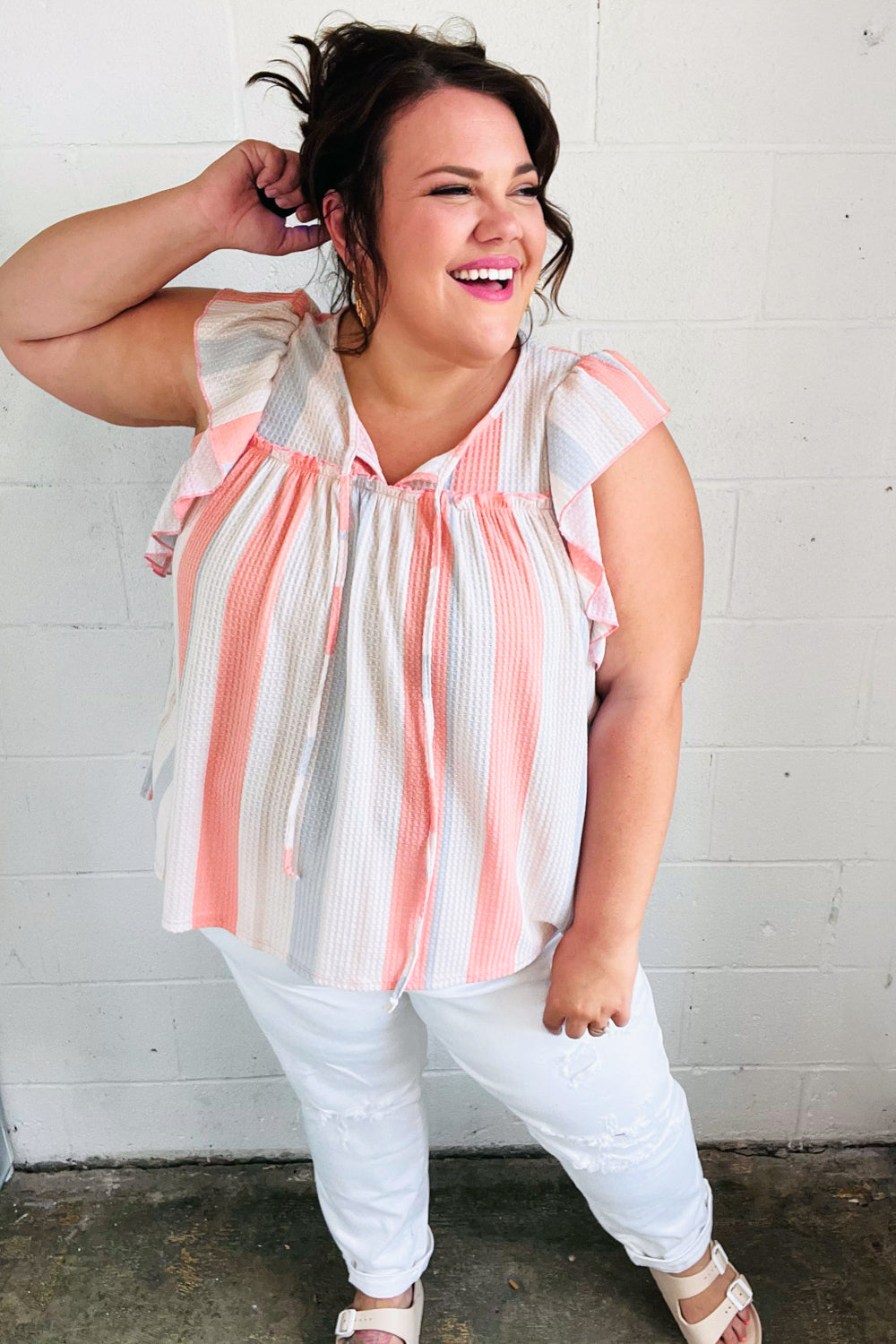 Coral &amp; Light Blue Stripe Waffle Tie Neck Tops | Nikki &amp; Co. Boutique