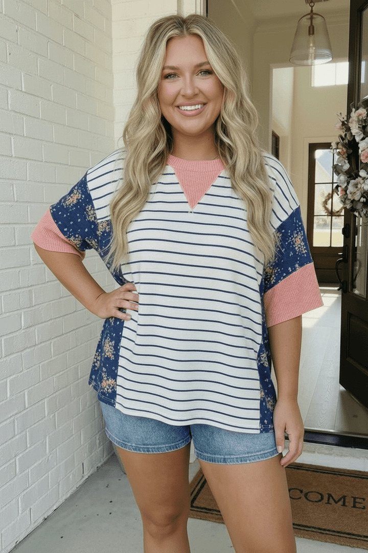 Stripe and Floral Mixed Media Oversized Top - Nikki &amp; Co. Boutique