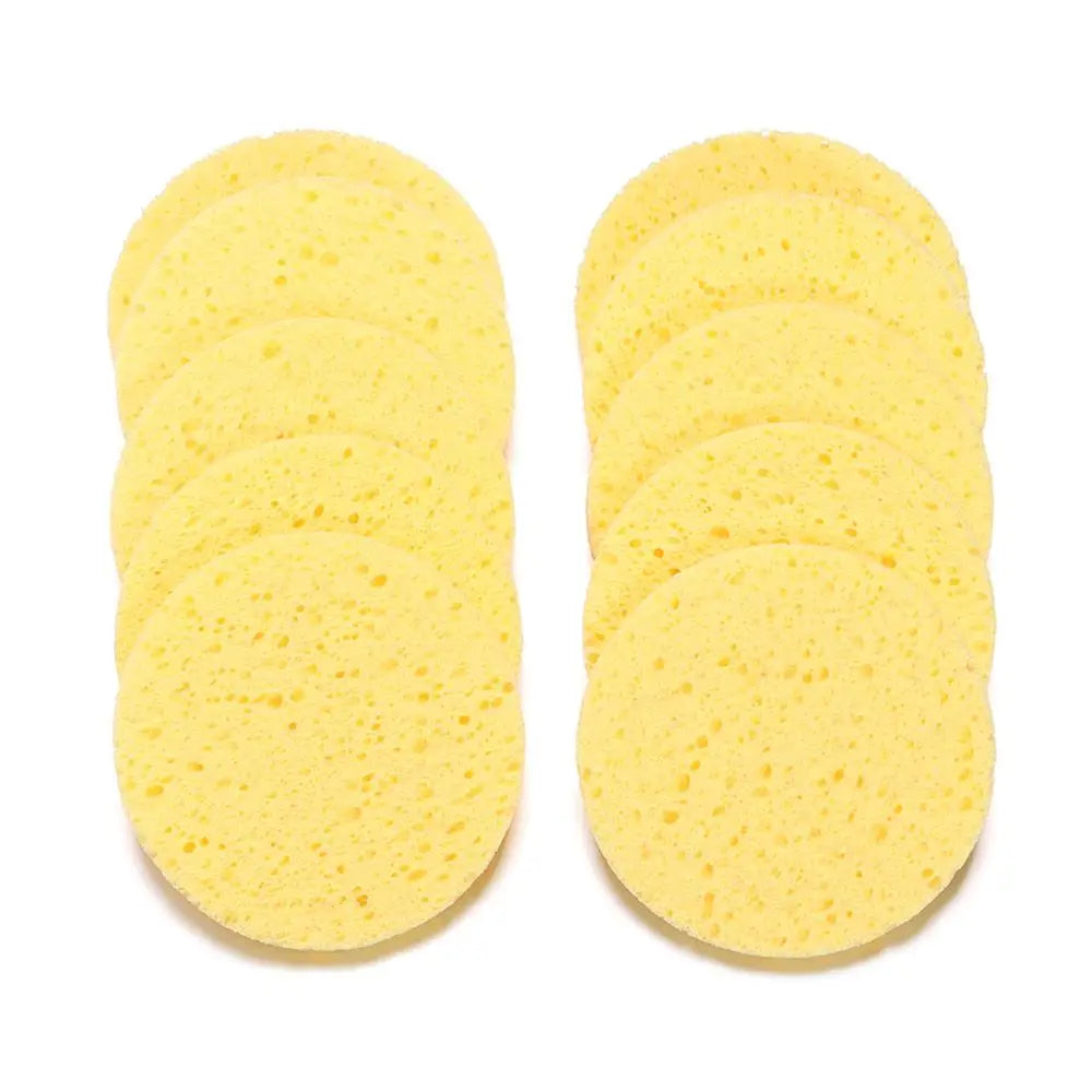 10 pcs 6-9cm Yellow Face Round Makeup Remover Tool, Wood Sponge Cellulose Cosmetic Puff, Cleansing Sponge, Facial Washing Sponge